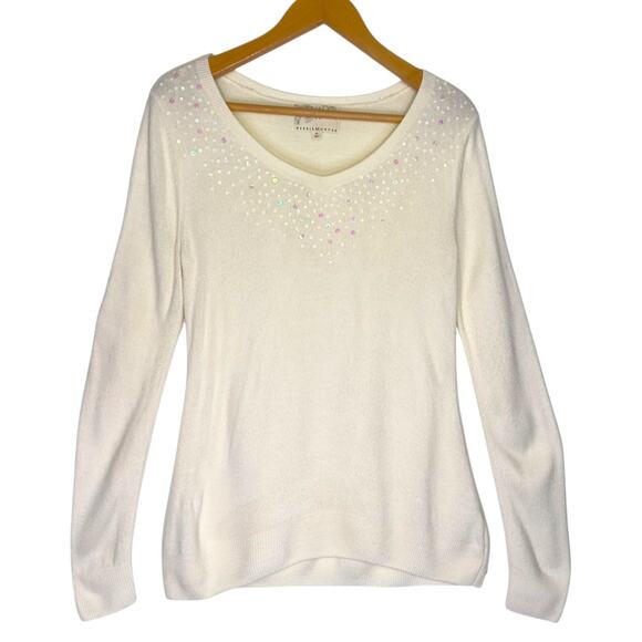 Debbie Morgan Women's Sequin V-Neck Sweater Size M Cream Winter Long Sleeve - Picture 1 of 10